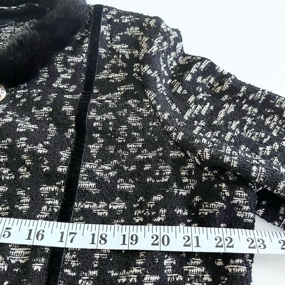 Ming Wang Black Jacquard Knit Fur Collar Velvet Trim Cardigan Jacket Size Large - Picture 9 of 9